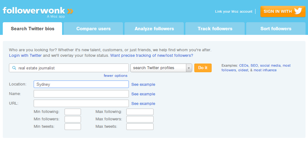 Twitter bio search using Followerwonk