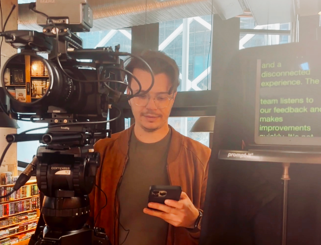 On set for Rocket productions project using a teleprompter.