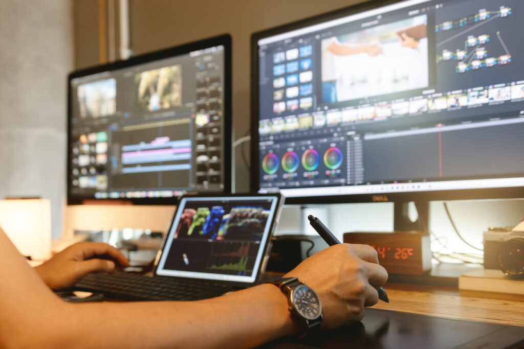 Professional video editor repurposing a long-form corporate webinar into short snippet videos.
